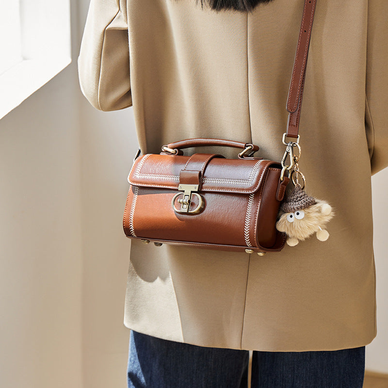 Women’s Vintage Genuine Leather Crossbody Top Handle Bag with Lock Closure image 6