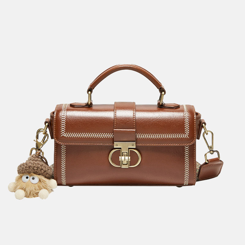 Women’s Vintage Genuine Leather Crossbody Top Handle Bag with Lock Closure image