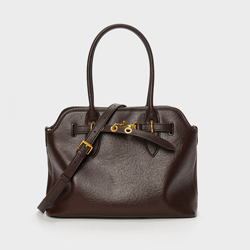 Women’s Vintage Genuine Leather Drawstring Lock Shell Tote Bag image