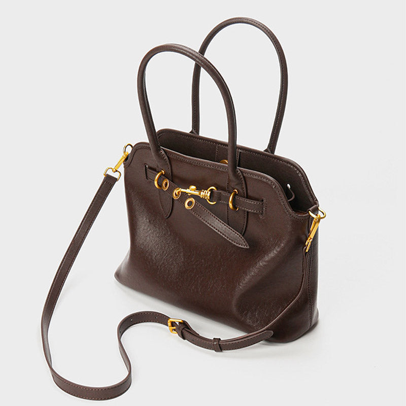 Women’s Vintage Genuine Leather Drawstring Lock Shell Tote Bag image 2