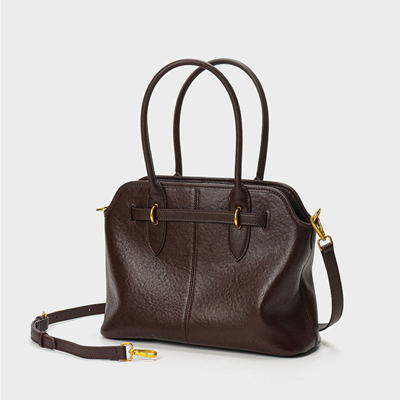 Women’s Vintage Genuine Leather Drawstring Lock Shell Tote Bag image 3