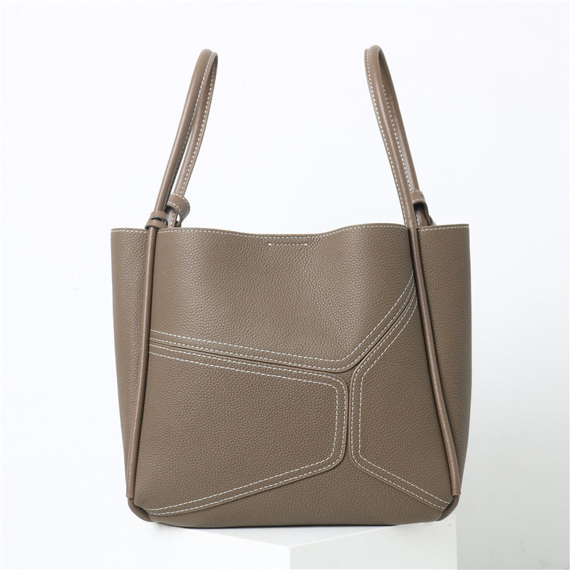Women’s Vintage Genuine Leather Geometric Stitching Bucket Tote Bag image 7