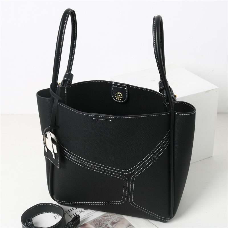 Women’s Vintage Genuine Leather Geometric Stitching Bucket Tote Bag image 5