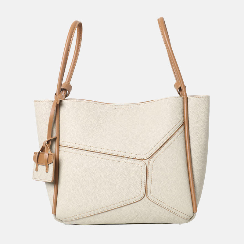Women’s Vintage Genuine Leather Geometric Stitching Bucket Tote Bag image 3