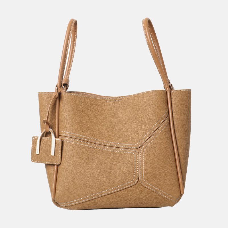 Women’s Vintage Genuine Leather Geometric Stitching Bucket Tote Bag image