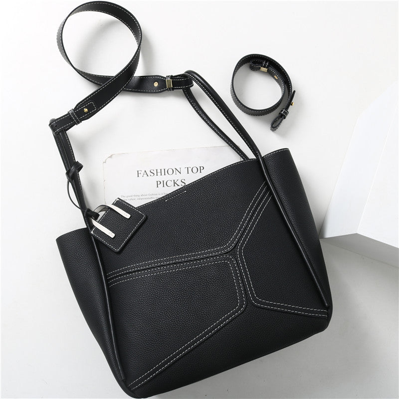 Women’s Vintage Genuine Leather Geometric Stitching Bucket Tote Bag image 6
