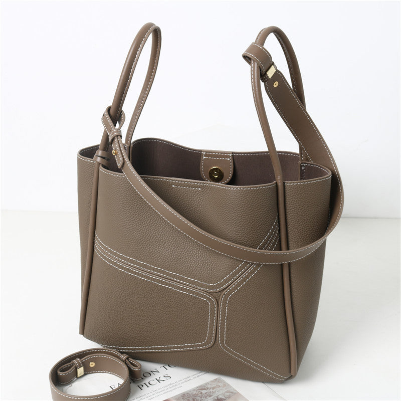 Women’s Vintage Genuine Leather Geometric Stitching Bucket Tote Bag image 8