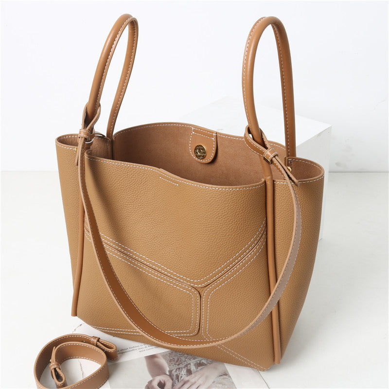 Women’s Vintage Genuine Leather Geometric Stitching Bucket Tote Bag image 2