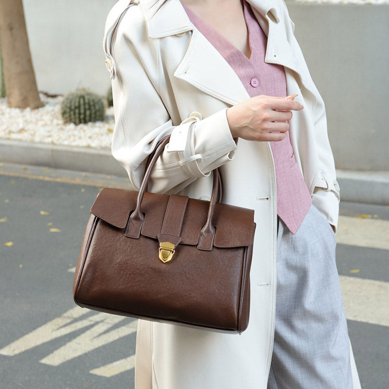 Women’s Vintage Genuine Leather Lock-Clasp Handbag image 8