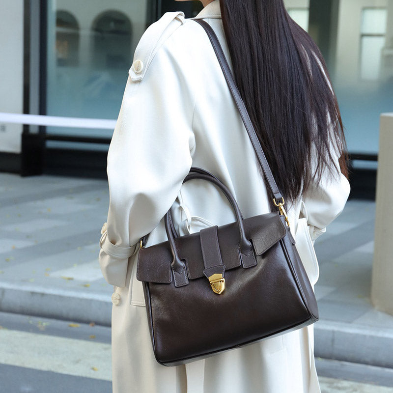 Women’s Vintage Genuine Leather Lock-Clasp Handbag image 10