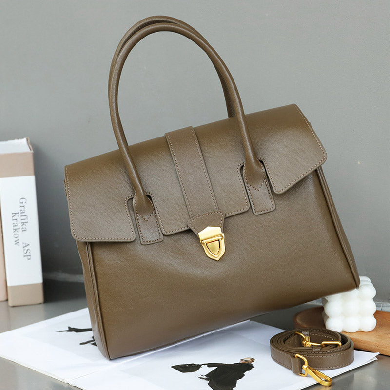 Women’s Vintage Genuine Leather Lock-Clasp Handbag image 3
