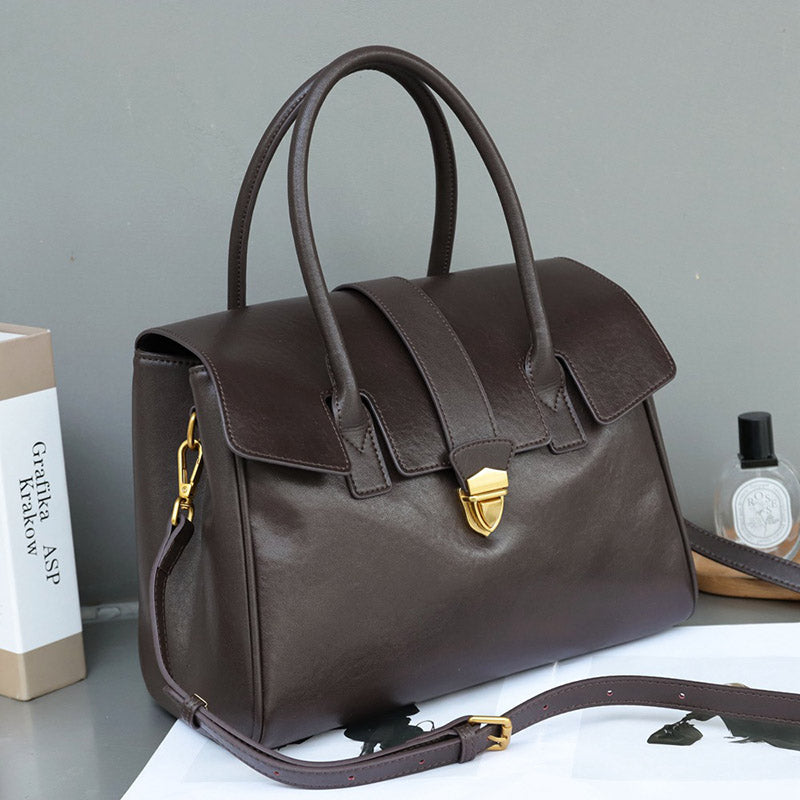 Women’s Vintage Genuine Leather Lock-Clasp Handbag image 9