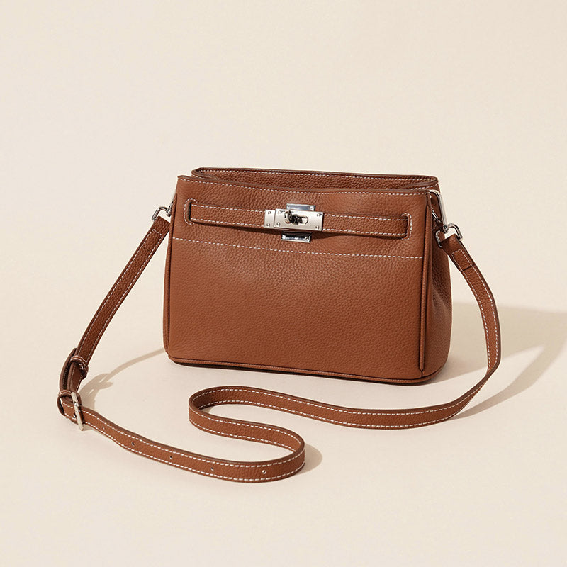 Women’s Vintage Genuine Leather Shoulder Bag With Lock Closure image 6