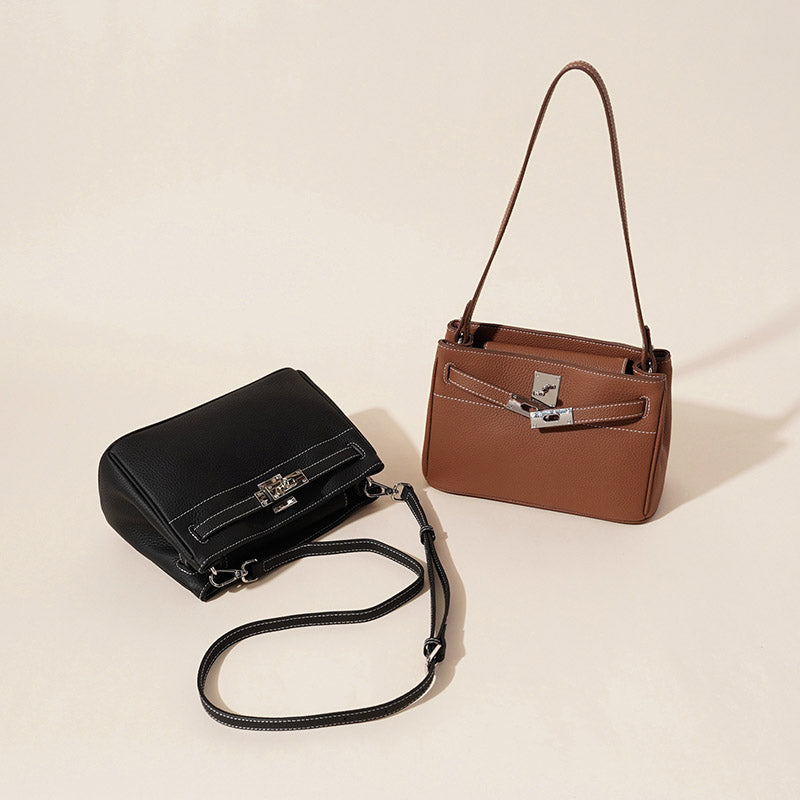 Women’s Vintage Genuine Leather Shoulder Bag With Lock Closure image 4