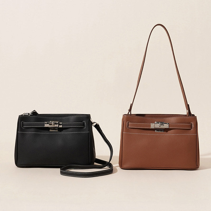 Women’s Vintage Genuine Leather Shoulder Bag With Lock Closure image 3