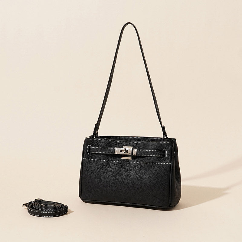 Women’s Vintage Genuine Leather Shoulder Bag With Lock Closure image 2