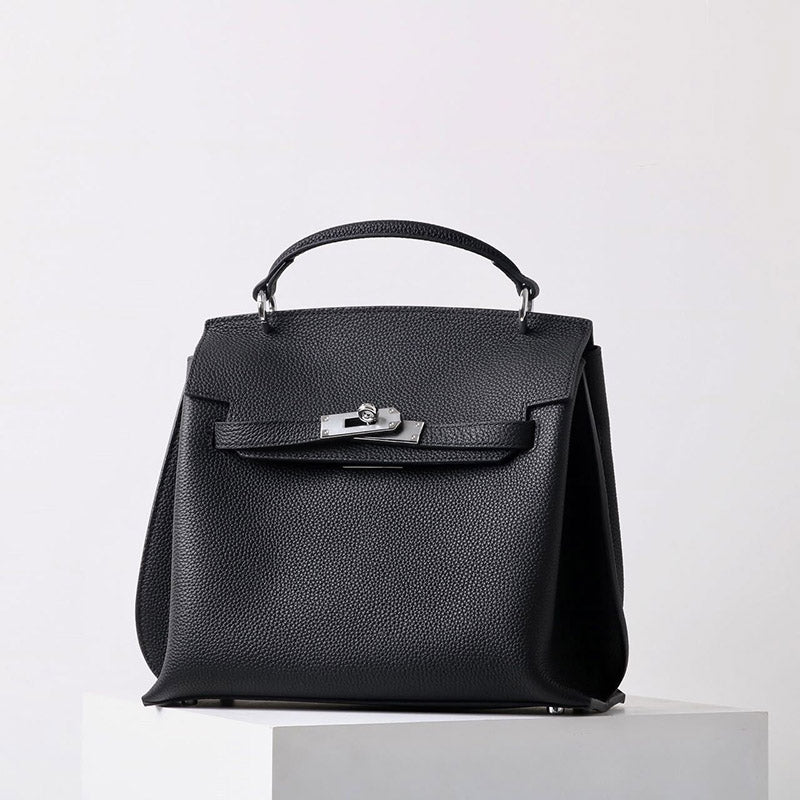 Women’s Vintage Genuine Leather Top Handle Bag With Lock Closure image 5