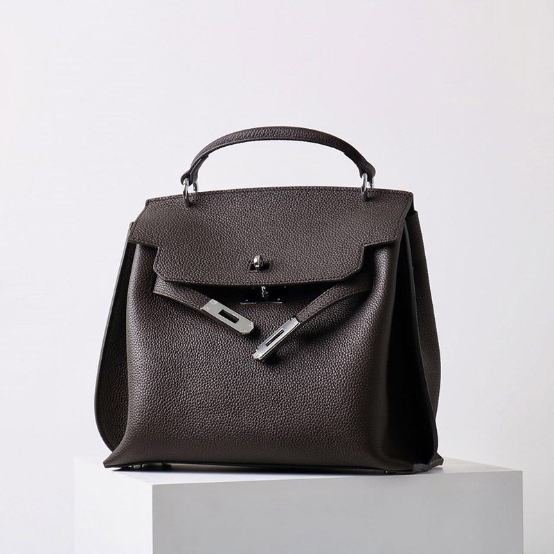 Women’s Vintage Genuine Leather Top Handle Bag With Lock Closure image 2