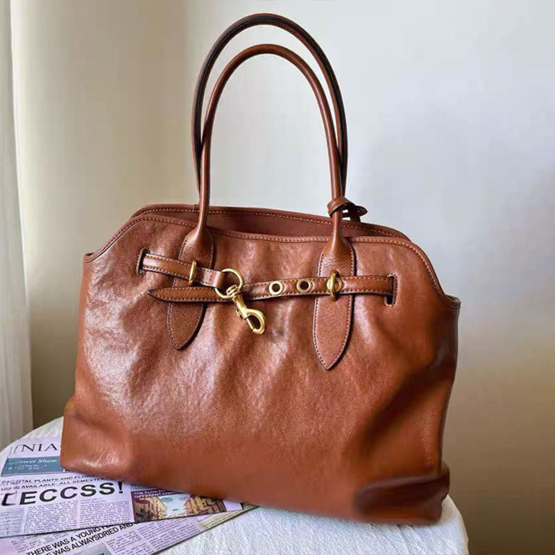 Women’s Vintage Genuine Leather Tote Bag With Drawstring Buckle image 2