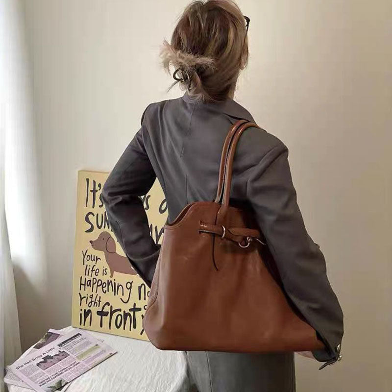 Women’s Vintage Genuine Leather Tote Bag With Drawstring Buckle image 3