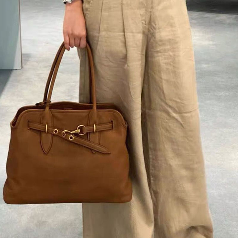 Women’s Vintage Genuine Leather Tote Bag With Drawstring Buckle image 4