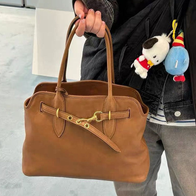 Women’s Vintage Genuine Leather Tote Bag With Drawstring Buckle image 5