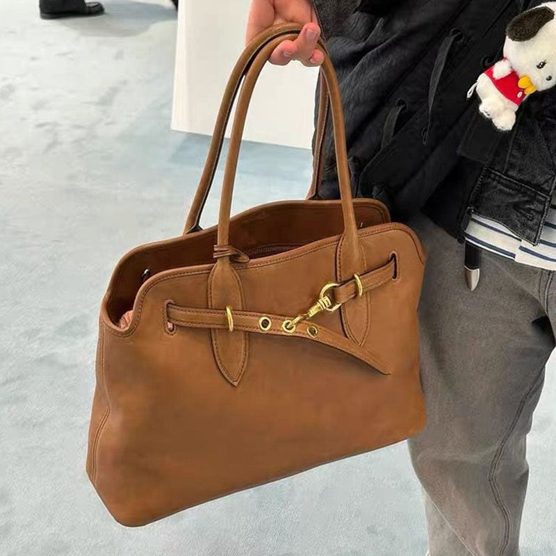Women’s Vintage Genuine Leather Tote Bag With Drawstring Buckle image 6