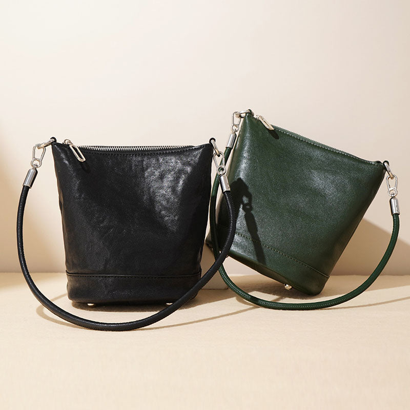 Women’s Vintage Genuine Leather Zip-Top Bucket Bag image 3