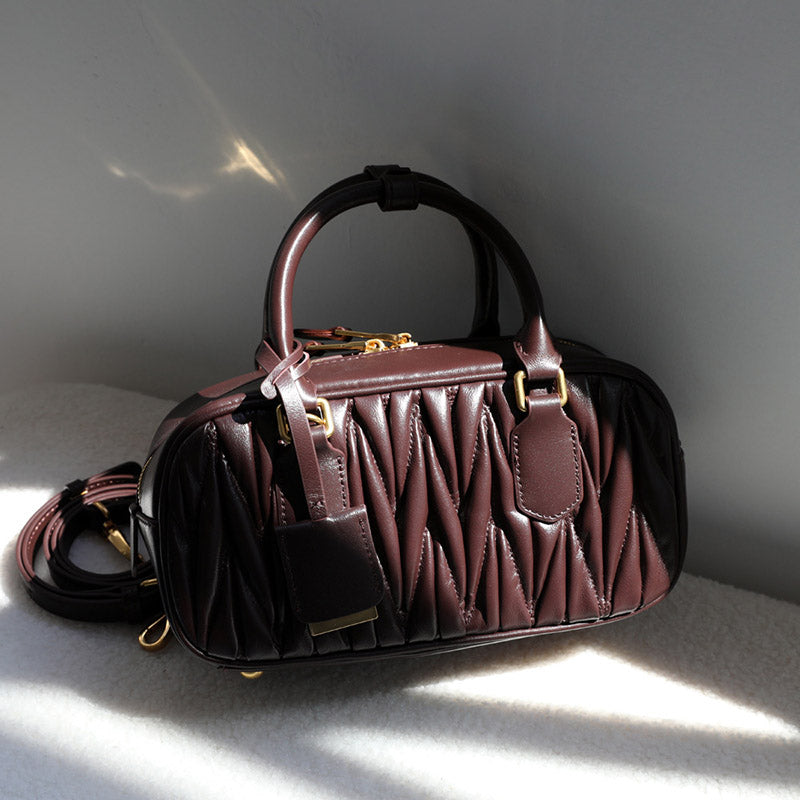 Women’s Vintage Lambskin Leather Pleated Bowling Handbag image 3