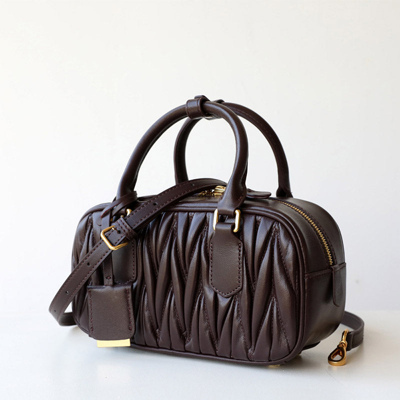Women’s Vintage Lambskin Leather Pleated Bowling Handbag image 2
