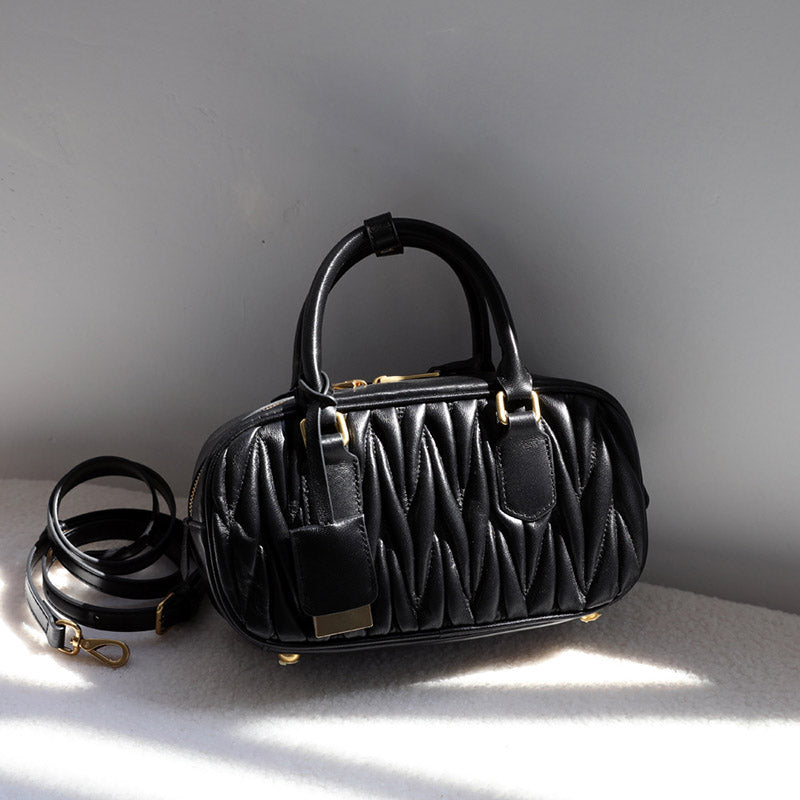 Women’s Vintage Lambskin Leather Pleated Bowling Handbag image 6