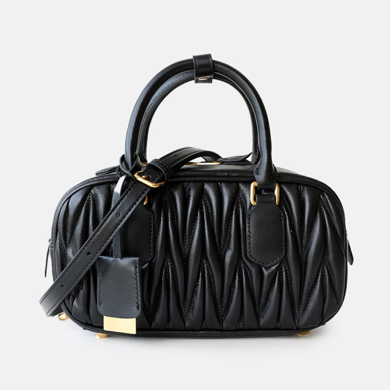 Women’s Vintage Lambskin Leather Pleated Bowling Handbag image 5
