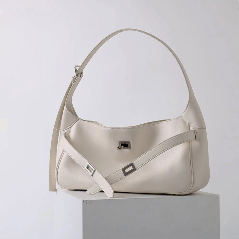Women’s Vintage Leather Lock-Clasp Shoulder Baguette Bag image 7