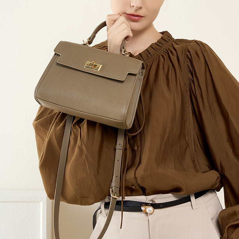 Women’s Vintage Leather Lock Clasp Top Handle Bag image 2