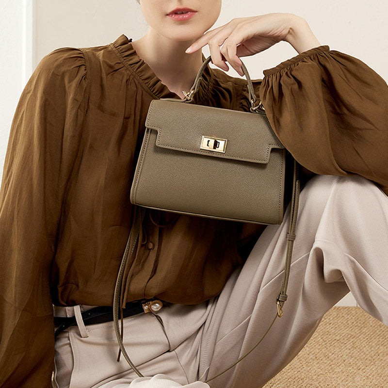 Women’s Vintage Leather Lock Clasp Top Handle Bag image 3