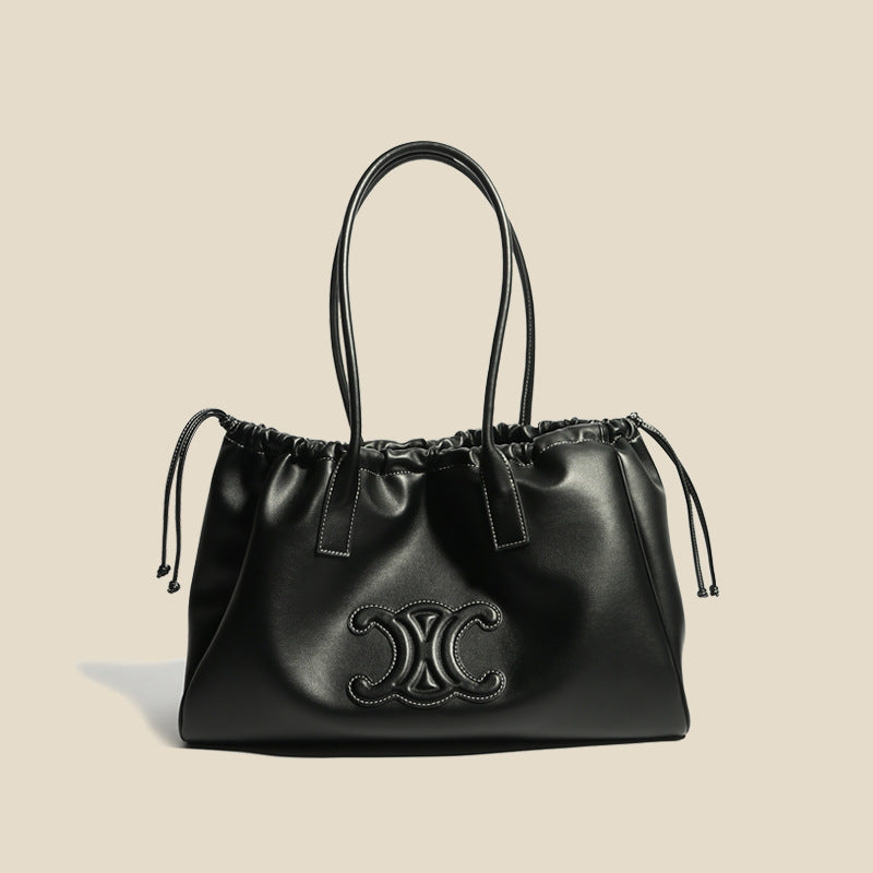 Women’s Vintage Leather Pleated Drawstring Tote Bag image 5