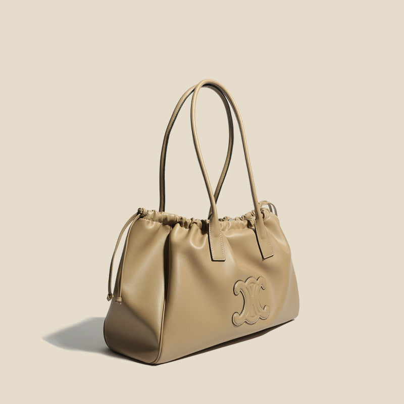 Women’s Vintage Leather Pleated Drawstring Tote Bag image 2