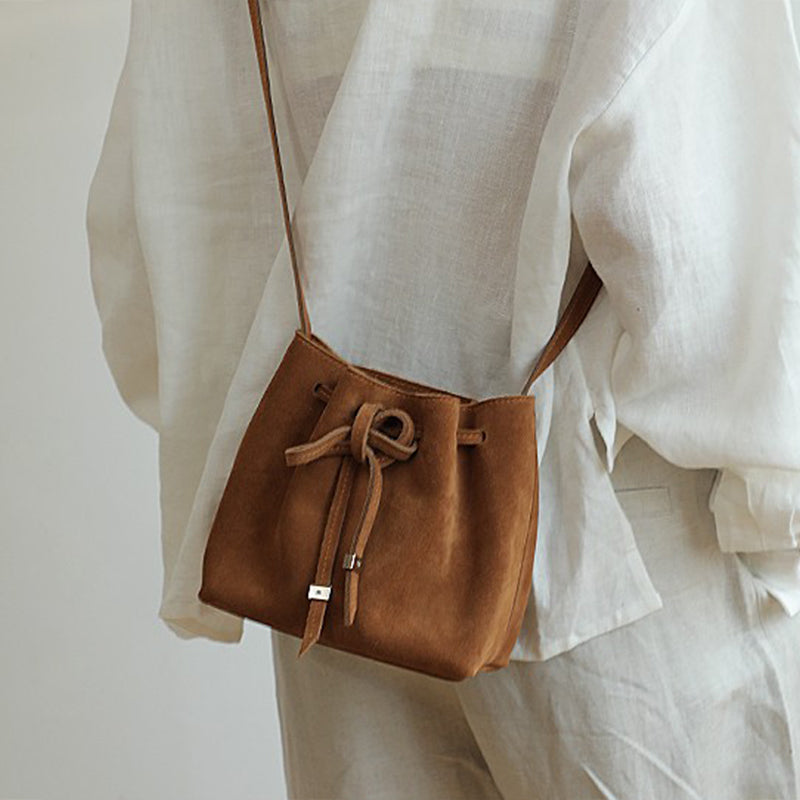 Women’s Vintage Matte Genuine Leather Drawstring Crossbody Bucket Bag image 4