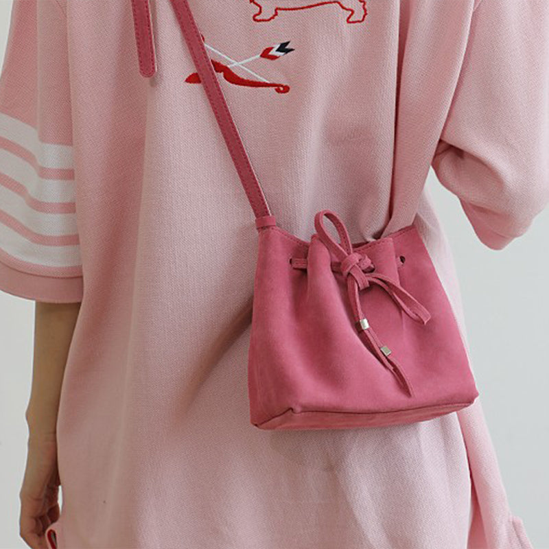 Women’s Vintage Matte Genuine Leather Drawstring Crossbody Bucket Bag image 2