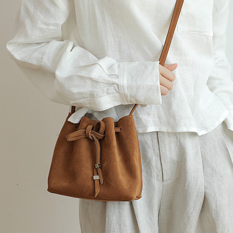 Women’s Vintage Matte Genuine Leather Drawstring Crossbody Bucket Bag image 5