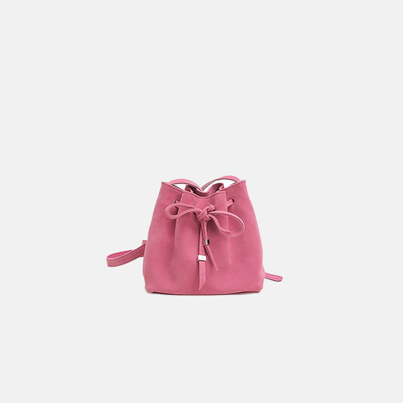 Women’s Vintage Matte Genuine Leather Drawstring Crossbody Bucket Bag image