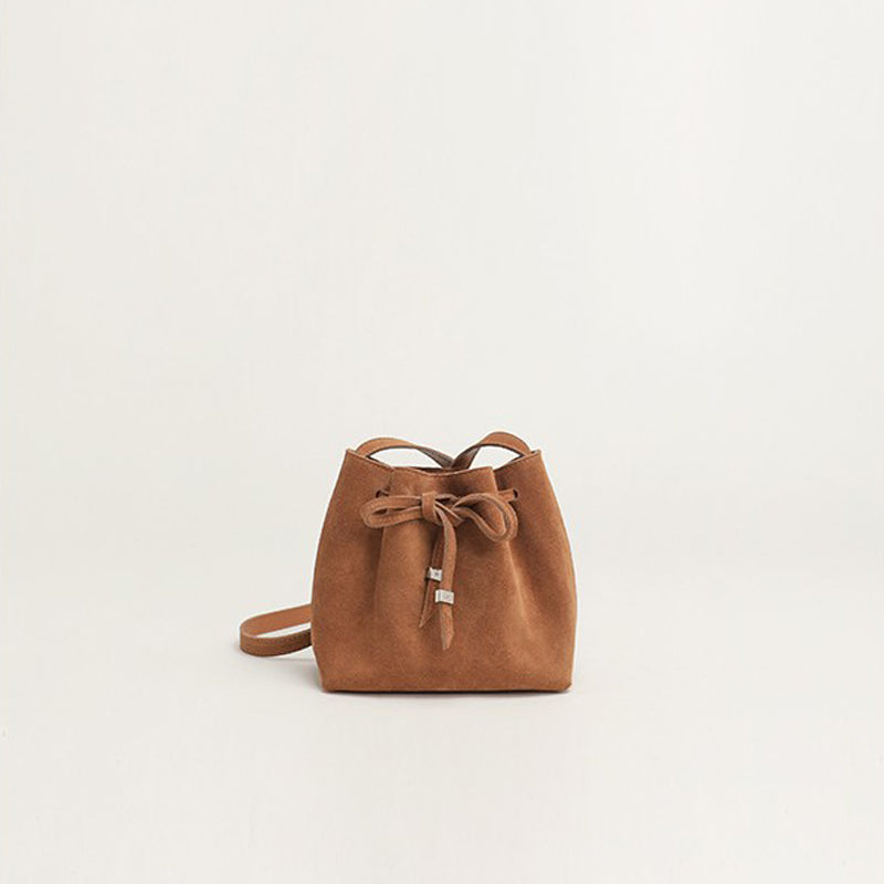 Women’s Vintage Matte Genuine Leather Drawstring Crossbody Bucket Bag image 3