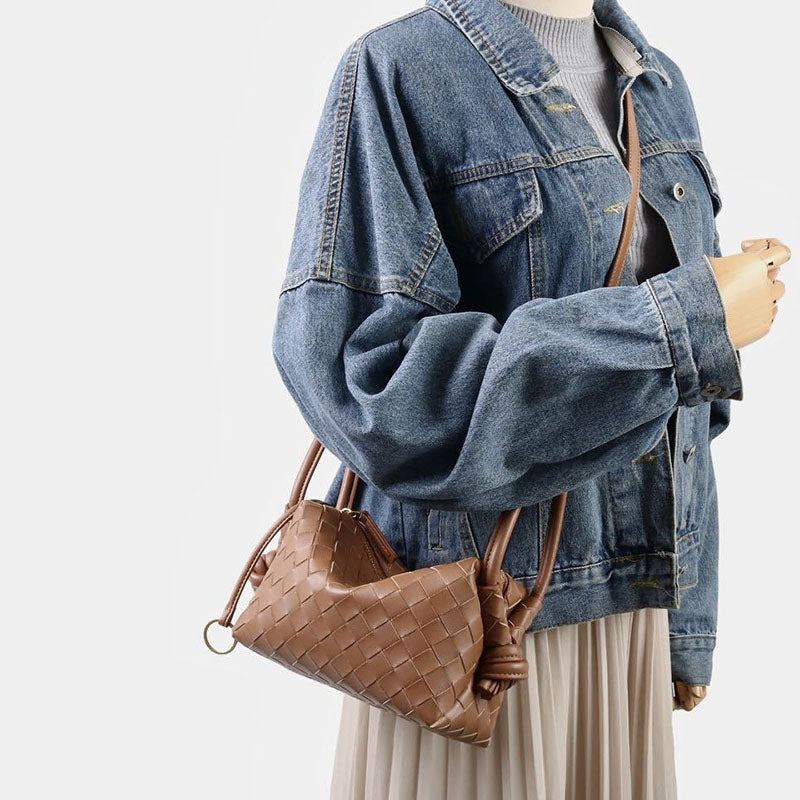 Women’s Vintage Mini Genuine Leather Pillow-Shaped Woven Handbag image 6