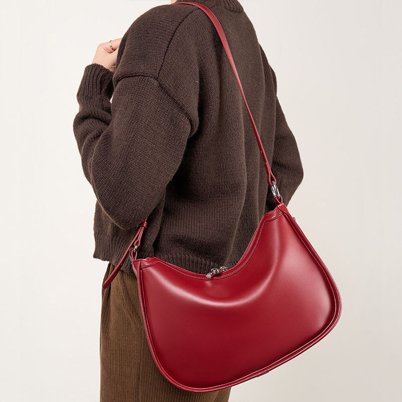 Women’s Vintage Minimalist Genuine Leather Crescent Shape Crossbody Baguette Bag image 4