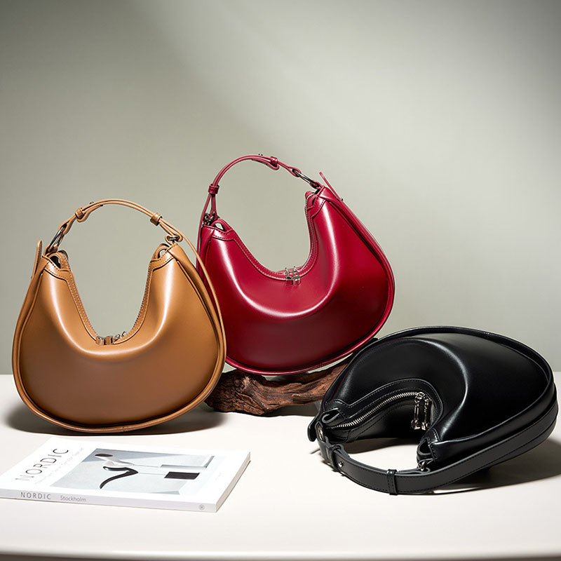 Women’s Vintage Minimalist Genuine Leather Crescent Shape Crossbody Baguette Bag image 5
