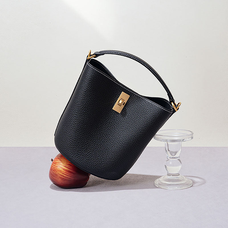 Women’s Vintage Minimalist Genuine Leather Lock Buckle Crossbody Bucket Bag image 3