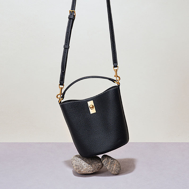Women’s Vintage Minimalist Genuine Leather Lock Buckle Crossbody Bucket Bag image 4