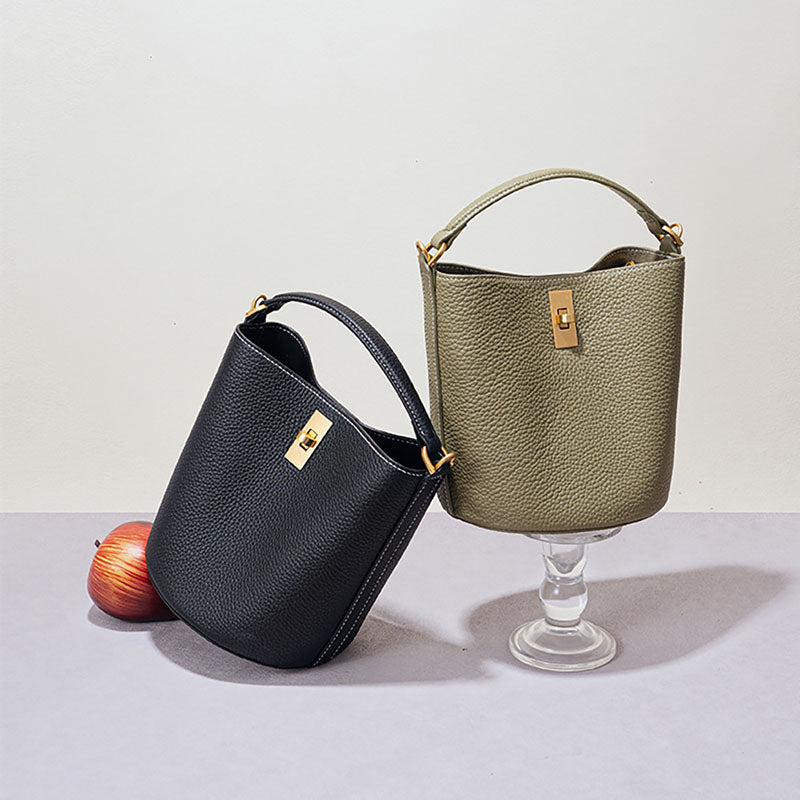 Women’s Vintage Minimalist Genuine Leather Lock Buckle Crossbody Bucket Bag image 5
