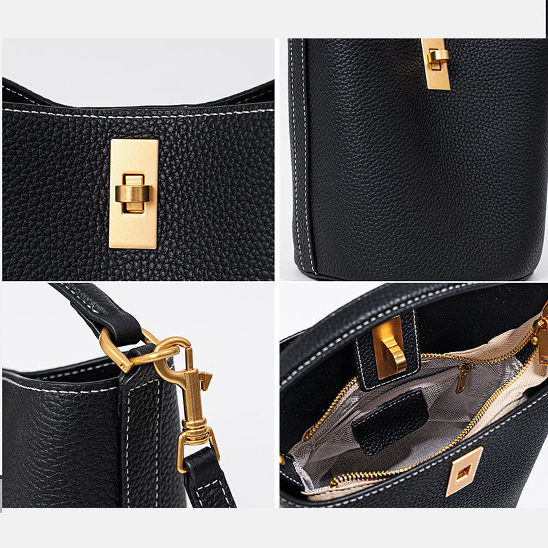 Women’s Vintage Minimalist Genuine Leather Lock Buckle Crossbody Bucket Bag image 6