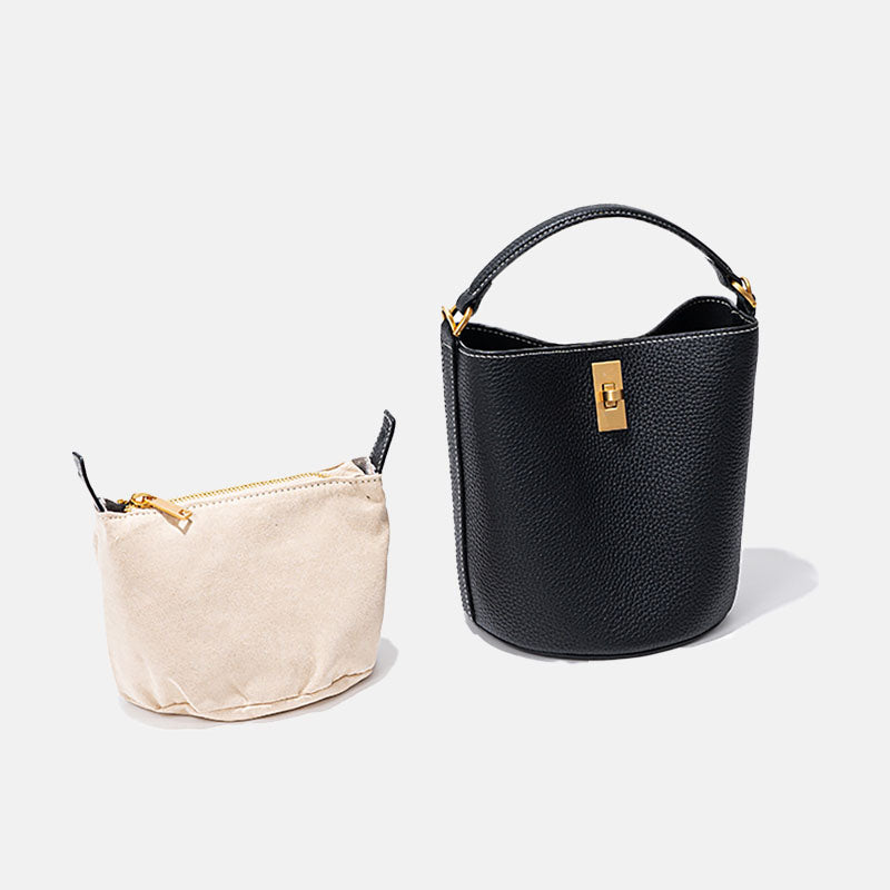 Women’s Vintage Minimalist Genuine Leather Lock Buckle Crossbody Bucket Bag image 2